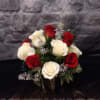 Small cube arrangement with Red and White Roses compact style and accented