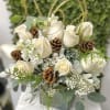 Christmas Bouquet: White and gold christmas look with assortment of roses, pine