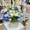 Shamash Flower Bouquet: White and blues theme with some roses, dusty miller