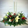 Christmas Centerpiece with 3 White Taper Candles. Stunning arrangement to order for