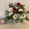 HOLIDAY MUG WITH RED CARNATIONS, DAISIES AND RED HYPERICUM