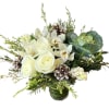White roses, white mini orchids, white hyacinth, kale and pinecones designed in