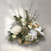 This white and gold arrangement is filled with roses, button poms with