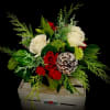 Let this arrangement of White roses, Red spray roses, Green button Mums