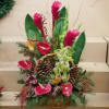 Red Ginger, Red Antherium, Cymbidium orchid, winter greens, ribbon,  glass balls