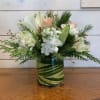 pale pink roses, white lily, white stock, white alstromeria, and white chrysanthemums