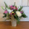 Pink roses, stargazer lily, white chrysanthemum, pink and white stock and pink