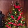 A boxwood tree decorated with red ribbon, pinecones, and berries. 