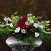 Roses, Carnations, Lisianthus or Canterbury Bell, Pine needles with Christmas ornaments.