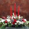 Roses, Lilies, Spider Mums, Orchids &amp; greenery with three candles, pine cones