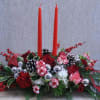 Roses, Carnations, Berries &amp; greenery with two candles, pine cones &amp; Christmas