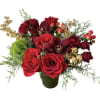 Red roses, red spray roses, dianthus, red cymbidium orchids and gold decor