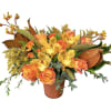 Orange roses, yellow cymbidium orchids, orange spray roses, orange aster and more