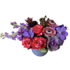 Red roses, kale, gerbera daisys, purple stock, purple orchid, purple scabiosa and