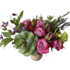 Kale, lavender roses, veronica, green hydrangea, blue thistle and more seasonal flowers