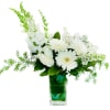 Gerbera, snapdragon and roses and more designed in a tall rectangular vase.