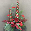 Striped trees with red roses, red carnations, and other Christmas jazz!