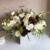 Gorgeous white Amaryllis, lisianthus, Playa Blanca roses, and lush winter evegreens and