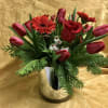A BEAUTIFUL "6 SILVER CYLINDER WITH RED TULIPS,ROSES,GERBERS AND BERRIES. SILVERS BALLS