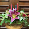 Recipe: Red Roses, Alstromerias, Stock, and Mauve Lilies, Pine Cones, Pine greens