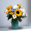 Type of Flowers: Sunflowers, Blue Hydrangeas, White Daisies, Yellow Spray Roses, and