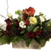 Wooden box with gorgeous arrangement of amaryllis, red roses, kale, dendrobium orchids