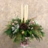 Type of Flowers: Pine centerpiece with pink ornaments and gold silks in