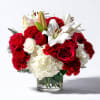 A rich holiday blend of velvety red roses, crisp white lilies, and