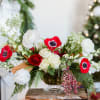 Christmas Compote Centerpiece with Red and White Flowers and Christmas Greens! 
