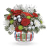 charming ceramic keepsake ornament container ,filled with fresh Christmas greens
red and white