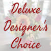 Red script text over a blurred bouquet background