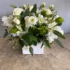 All-white arrangement with lush hydrangeas, Dendrobium Orchids, crispy roses, seasonal greens makes