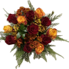 This arrangement includes red roses orange roses ,daisies, light brown and green