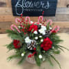 Arrangement will include: Red Carnations, White Mini Carnations, Pine Cones, Red berries