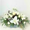 All white flowers, roses, lilies, and miniature carnations, with  snowy pine