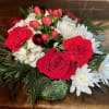 Red roses, carnations, hypericum berries, white hydrangea, chrysanthemums, balsam and pine in