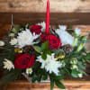 Red roses, white alstroemeria, white chrysanthemums, ornaments, ting ting,  pinecones, balsam