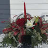 Fresh Balsam, cedar, pine and seeded eucalyptus with red roses, white lilies