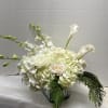 Elegant all white arrangement in a silver cube of white hydrangea, white
