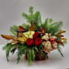 Select this red and gold centerpiece featuring roses, spray roses, safari sunset