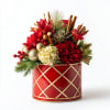 Designed in a festive red-and-gold drum ceramic container, this Christmas arrangement features