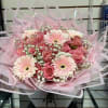 Pink Gerbera Daisies, Roses and Babies Breath. What more could a lady