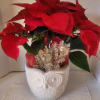 Large red poinsettia featured in a beautiful white owl ceramic container. It