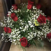 12 red rose, tree fern, leather leaf and baby&#039;s breath in a