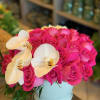 Beautiful and stunning arrangement of pink roses, hydrangea and Phalaenopsis orchids 