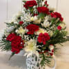 COFFEE MUG, FILLED WITH RED CARNATIONS, CUSHIONS, MINI CARNATIONS, AND FILLER.
GREAT FOR