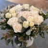 Playa Blanca roses, white spray roses, white hydrangea, dusty miller, Brunia silver
