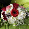 Very lovely red and white design of roses, Gerbera daisies with pine