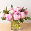 A beautiful round clear  vase full of peonies with a 