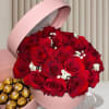 A luxurious box overflowing with vibrant red roses, beautifully arranged to express